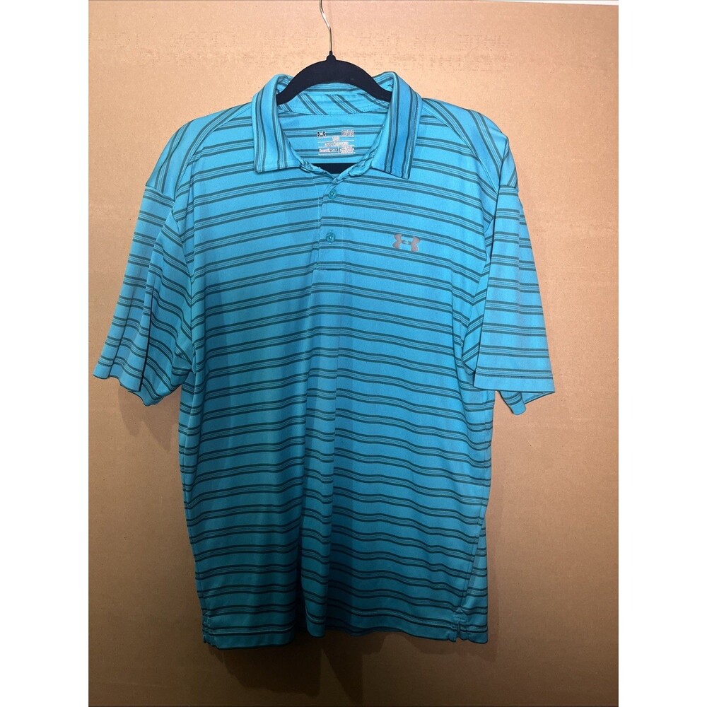 Under Armour HeatGear Men's L Blue Striped Polo Shirt Short Sleeve Loose Fit(51)